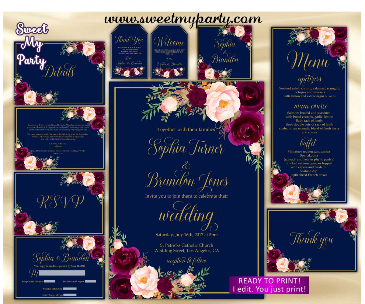 Navy Burgundy Wedding Invitation suite, Maroon Wedding invitation set, (84)